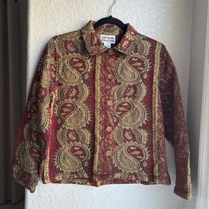 Paisley Tapestry Womens Small Blazer Jacket Burgundy Gold Boho Button Collar